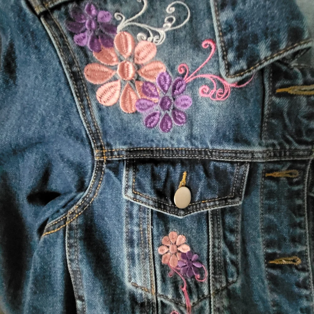 Embroidered Denim Jacket - Blue with Pink and Purple Accents - Picture 5 of 5